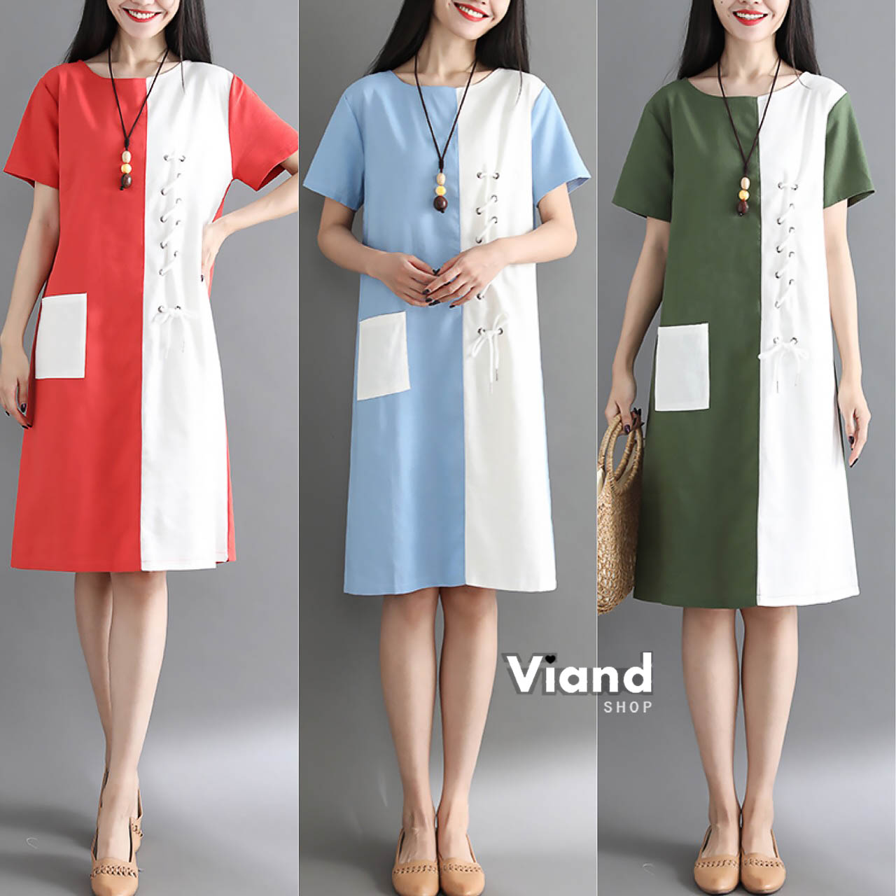 เดรสเกาหลี พร้อมส่ง เดรสทูโทน ผ้าฝ้ายใส่สบาย