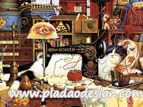 กระดาษสาพิมพ์ลาย สำหรับทำงาน เดคูพาจ Decoupage แนวภาำพ เจ้าแมวจอมยุ่ง นอนหลับปุ๋ย บนโต๊ะวางจักร และไหมพรมถักตุ๊กตา