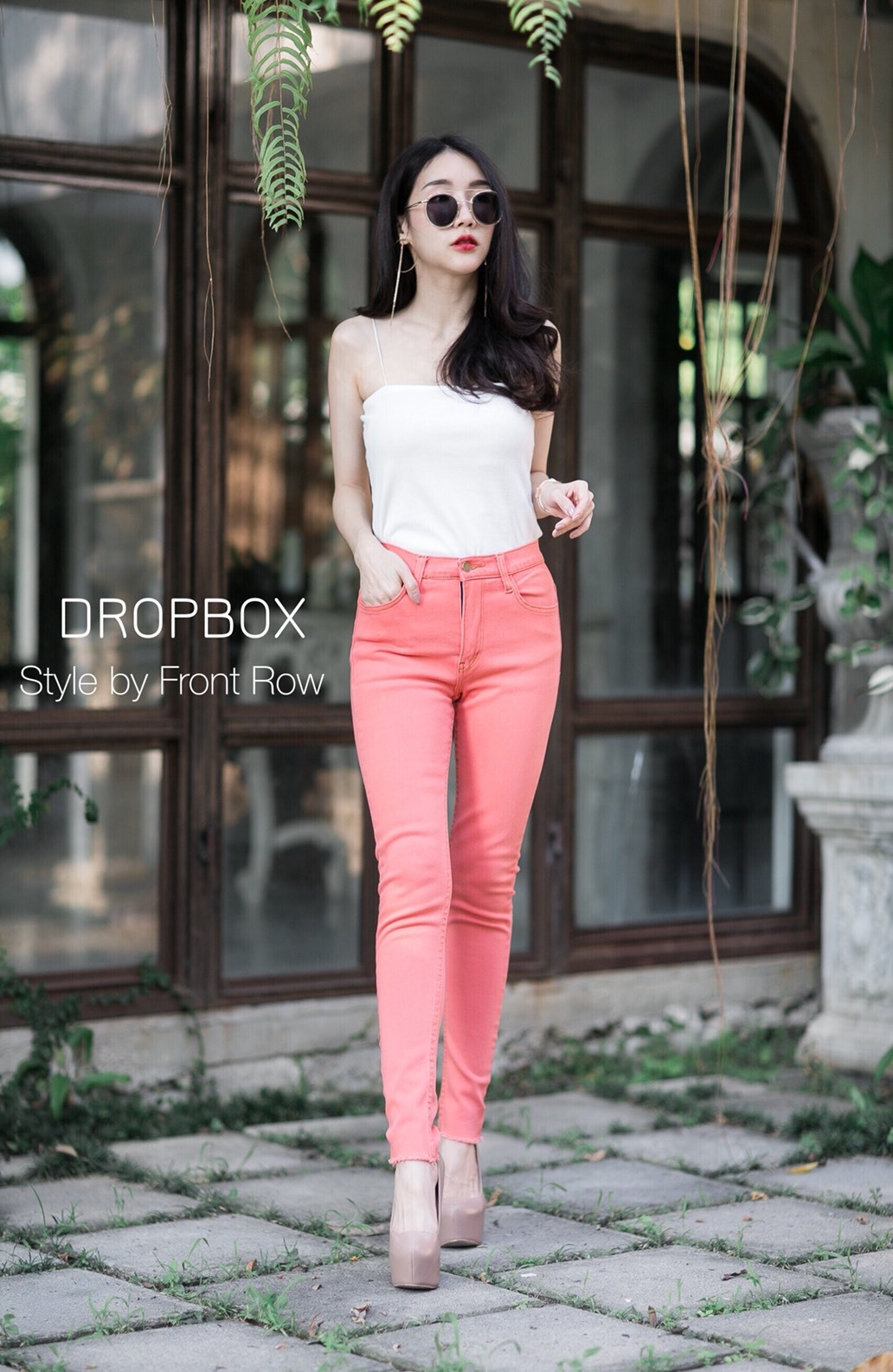 พร้อมส่ง กางเกงยีนส์ สกินนี่ เอวสูง สีโอรส
