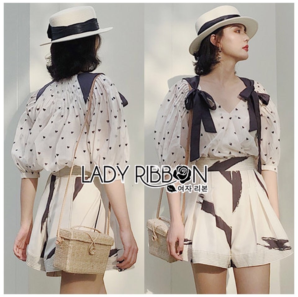 เสื้อผ้าเกาหลี พร้อมส่ง เซ็ตเสื้อชีฟองลายจุดหัวใจ