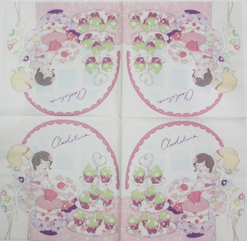 แนวภาพ การ์ตูน Girl Friends Eating Cupcake เป็นภาพบล็อค 4 กระดาษแนพกิ้นสำหรับทำงาน เดคูพาจ Decoupage Paper Napkins ขนาด 33X33cm