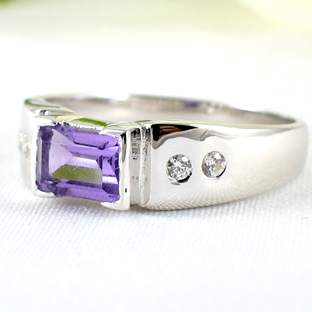 SKJewelryFactory แหวนเงินแท้ ฝังพลอยแอมิทิสต์แท้ พลอยเหลี่ยม ประดับเพชร ER02351-AMT