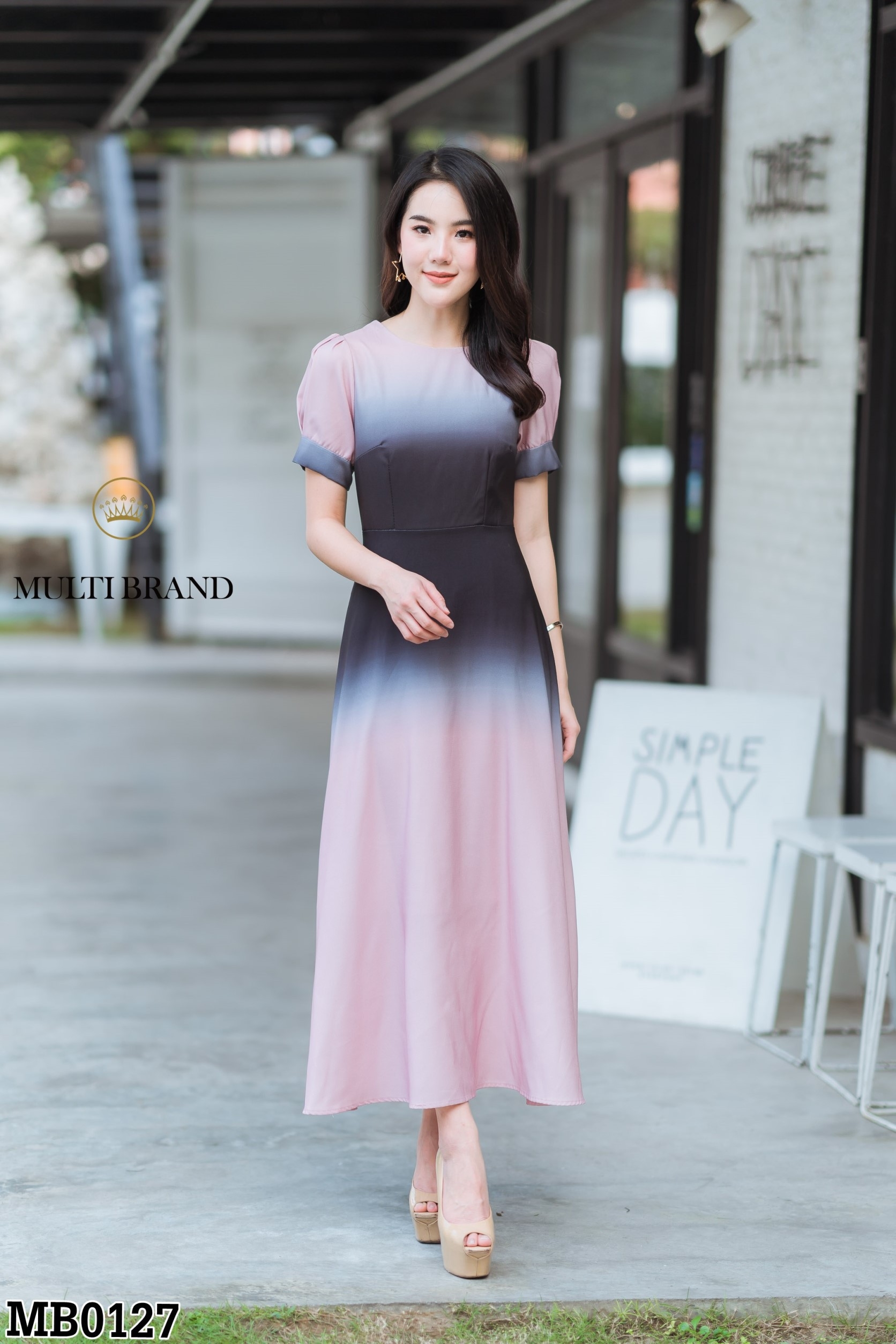 ชุดเดรสเกาหลี พร้อมส่ง เดรสเกาหลี ทูโทน สีรุ้ง