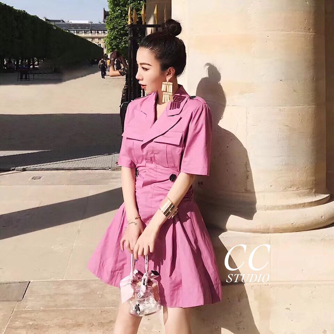 เดรสเกาหลี พร้อมส่ง เดรสสีชมพุ ทรงเชิ้ต