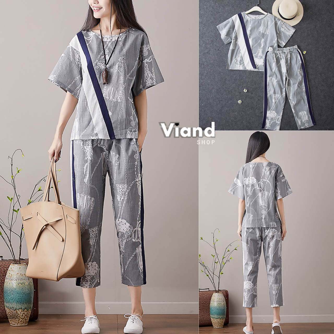 เสื้อผ้าเกาหลี พร้อมส่ง เสื้อ ผ้าฝ้ายทอลายเส้นแน่น