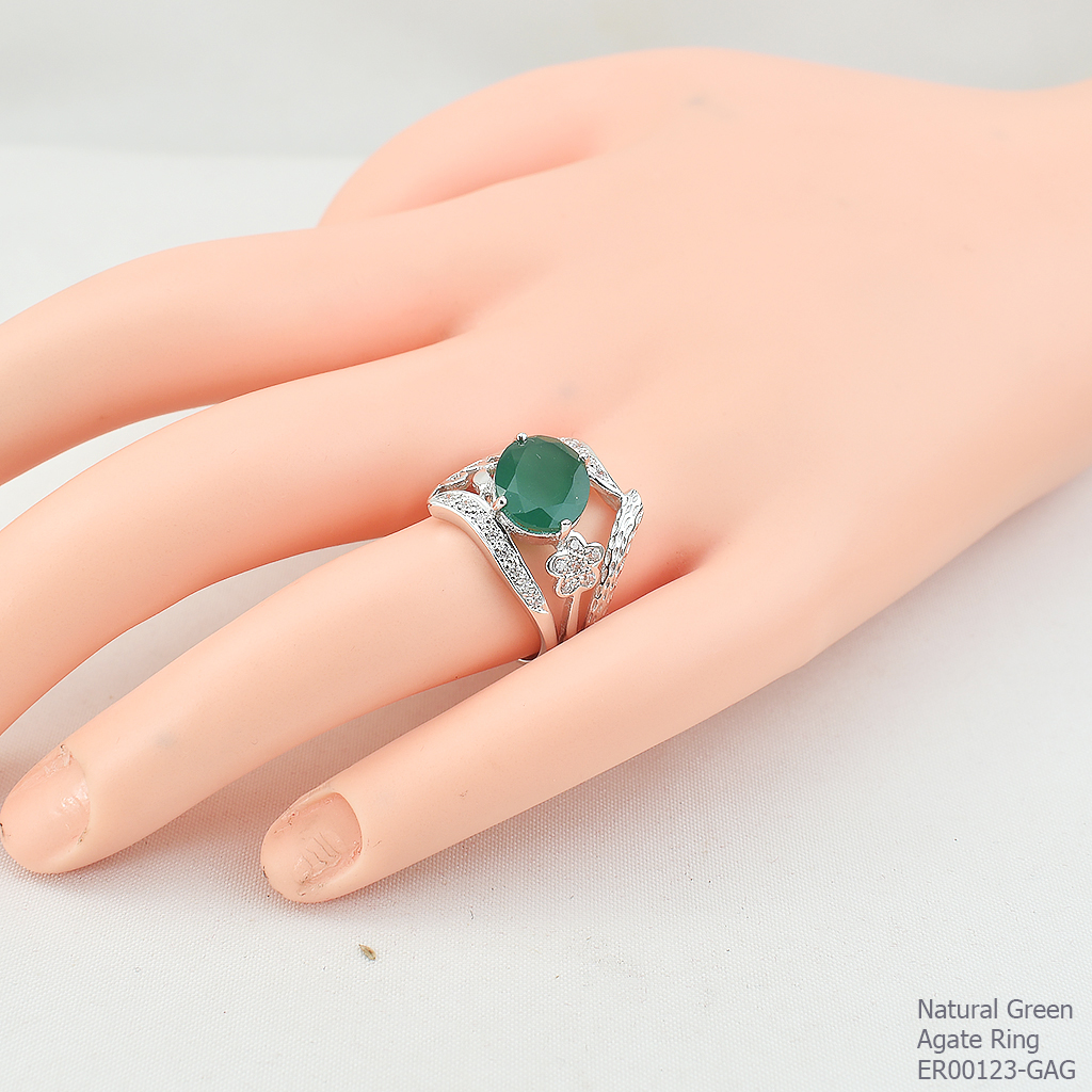 SKJewelryFactory แหวนดีไซน์ ลายใบไม้ เงินแท้ 92.5% ฝังพลอยกรีนอะเกทแท้ ER00123-GAG