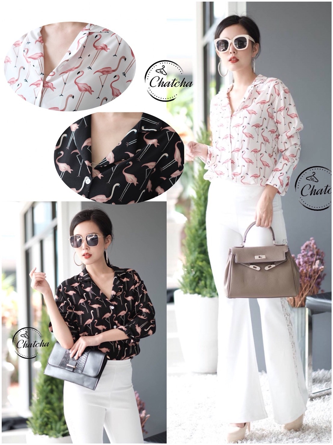 เสื้อเกาหลี พร้อมส่ง เสื้อซาติน ผ้านิ่ม พิมลายฟามิงโก้