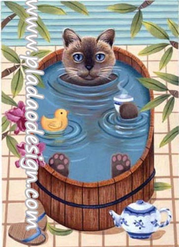 กระดาษสาพิมพ์ลาย สำหรับทำงาน เดคูพาจ Decoupage แนวภาพ แมวคุณนาย นอนแช่น้ำอุ่นในอ่างไม้ จิบชา สบายสบาย