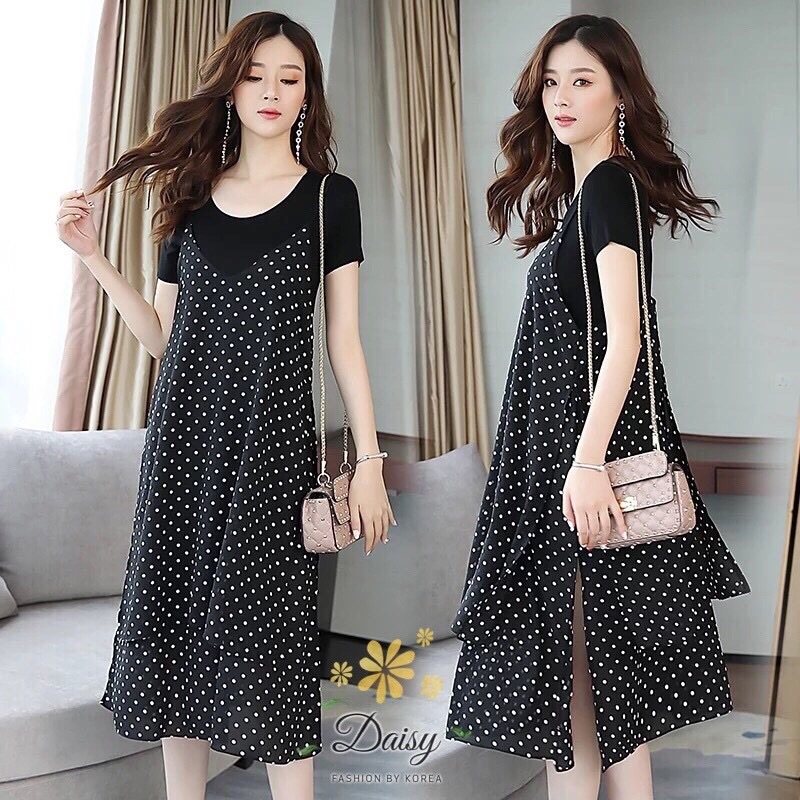 เสื้อผ้าเกาหลี พร้อมส่ง ชุดเซท เสื้อยืด+เอี้ยมชีฟอง