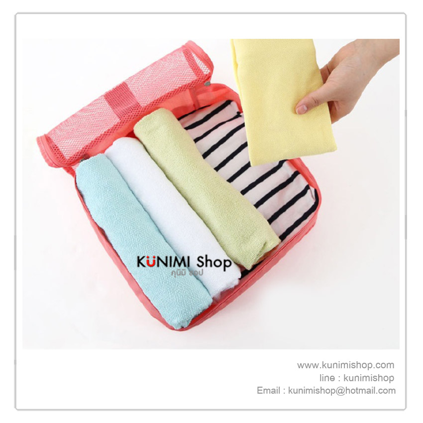 กระเป๋าผ้า ตาข่าย (Size M) จัดระเบียบกระเป๋าเดินทางท่องเที่ยว จัดเก็บเสื้อผ้า ผ้าเช็ดตัว ผ้าขนหนู หรือของใช้ต่าง ทำจากผ้าร่มกันน้ำ ดีไซน์สวย เก๋ สไตล์เกาหลี หยิบใช้งานสะดวก มีกระเป๋าใบเล็กใส่แยกของใช้อีก 1 ใบ ขนาด Size M : ขยาย 28x30x13 ซม. 
