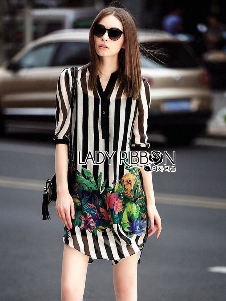พร้อมส่ง เชิ้ตเดรสผ้าชีฟองพิมพ์ลายทางและลายดอกไม้