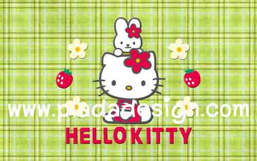 กระดาษสาพิมพ์ลาย สำหรับทำงาน เดคูพาจ Decoupage แนวภาำพ hello kitty กับน้องกระต่าย มีพื้นหลังเป็นลายสก๊อตสีเขียวสดใส (ปลาดาวดีไซน์)