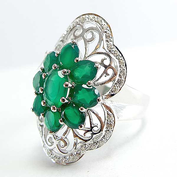 SKJewelryFactory แหวนที่เหมาะกับใส่นิ้วกลาง แหวนเงินแท้ 92.5% ฝังพลอยกรีนอะเกทแท้ แหวนดอกไม้ใหญ่ ER01134-GAG
