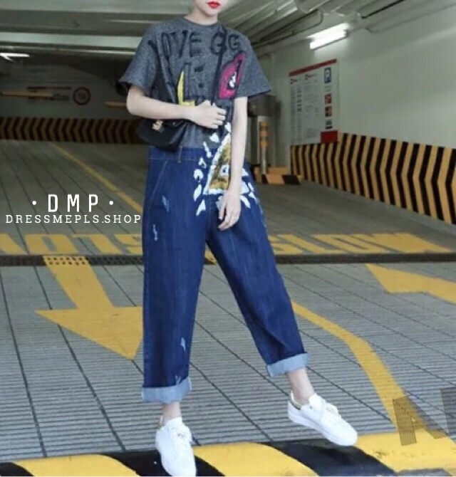 เสื้อผ้าเกาหลี พร้อมส่ง จั๊มสูท สกรีนลาย