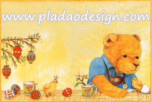 กระดาษสาพิมพ์ลาย สำหรับทำงาน เดคูพาจ Decoupage แนวภาพ หมี Teddy หมีหนุ่ม กับลูกเจี๊ยบ ไข่อีสเตอร์ บนพื้นครีม