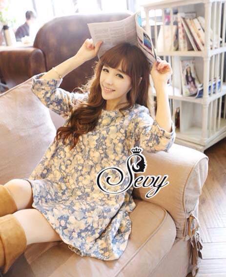 พร้อมส่ง มินิเดรสคอกลมแขนสี่ส่วน เดรสเกาหลี