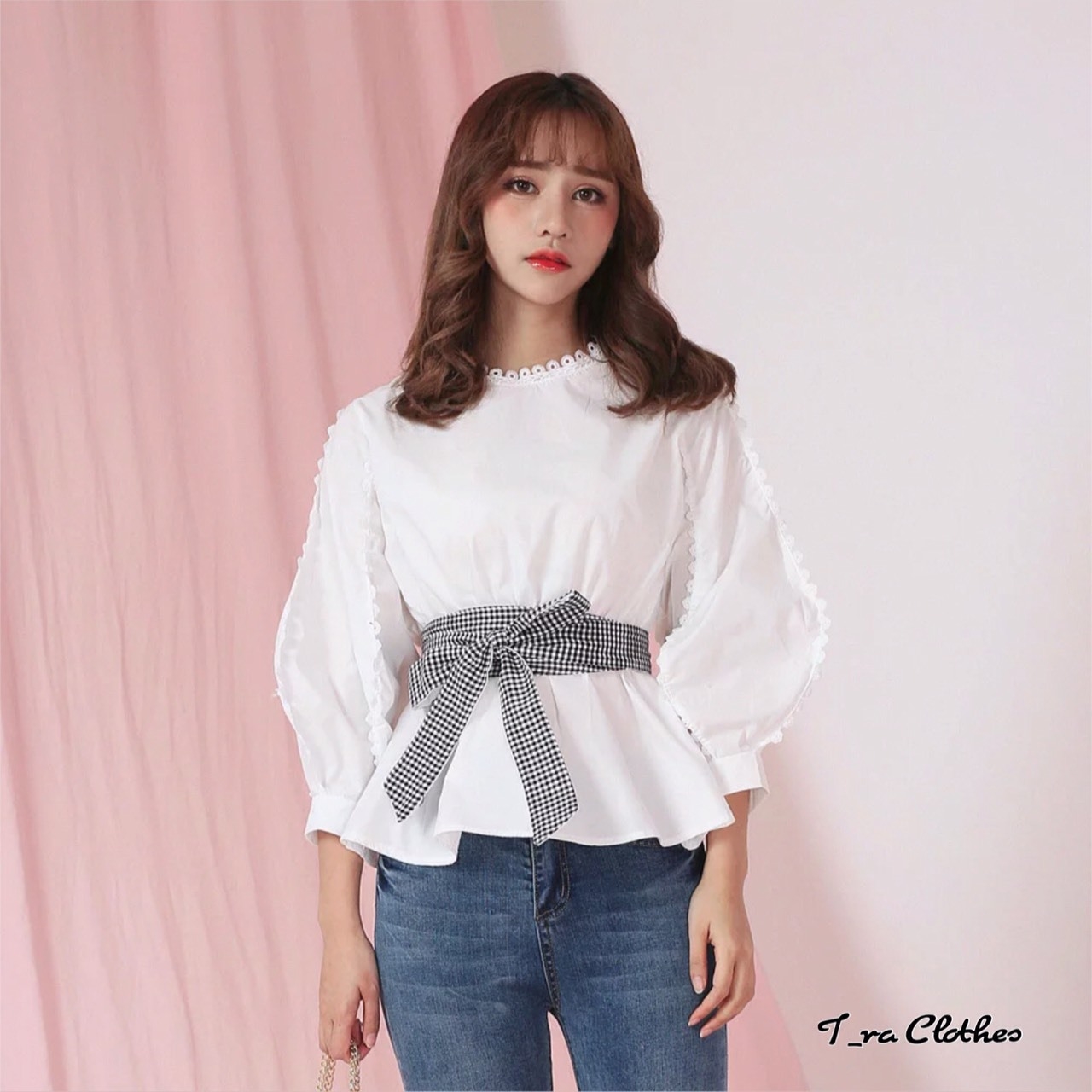 เสื้อเกาหลี พร้อมส่ง เสื้อแขนพอง ผ้าคอตตอลเนื้อนิ่ม