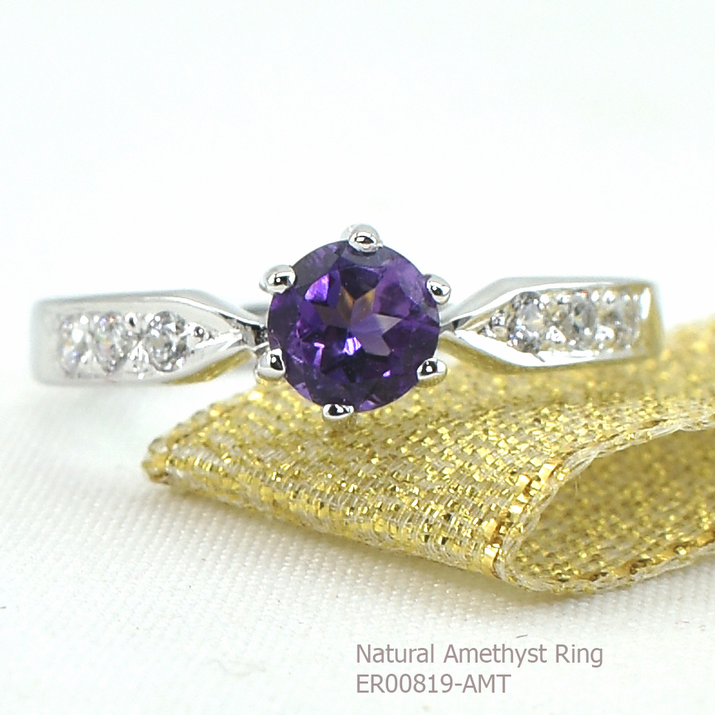 SKJewelryfactory แหวนเงินแท้ ฝังพลอยแอมิทิสต์แท้ แหวนชูพลอย สไตล์แหวนหมั้น ER00819-AMT