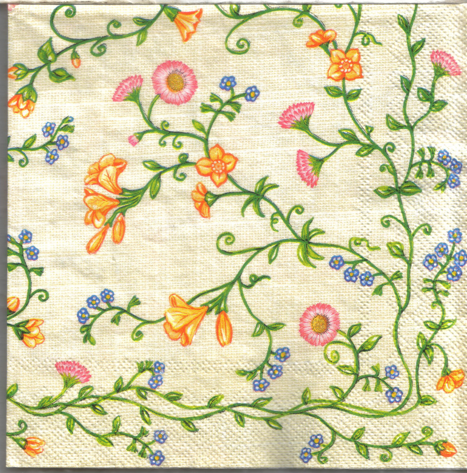 แนวภาพดอกไม้ ลายปัก ดอกไม้เลื้อย ส้มชมพู Embroidery เป็นภาพเต็มแผ่น กระดาษแนพกิ้นสำหรับทำงาน เดคูพาจ Decoupage Paper Napkins ขนาด 33X33cm
