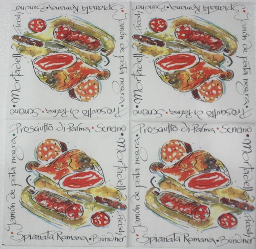 แนวภาพอาหาร ลายเส้นเสต็ก กระดาษแนพกิ้นสำหรับทำงาน เดคูพาจ Decoupage Paper Napkins เป็นภาพสี่บล๊อค ขนาด 33X33cm