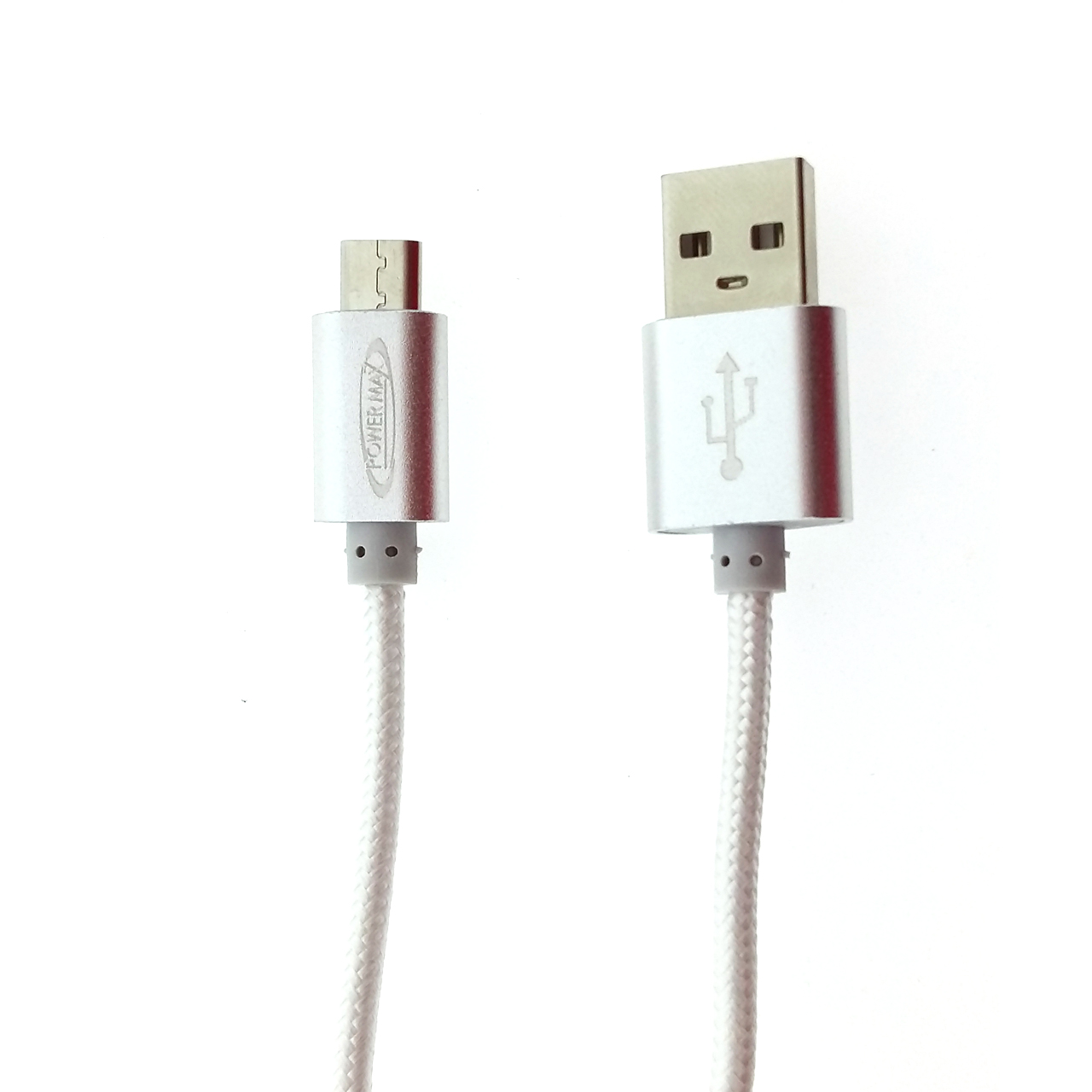 สายชาร์จแอนดรอยด์ ชาร์จและถ่ายข้อมูลไว และทนเป็นพิเศษ ยี่ห้อ Powermax สาย แบบเชือกถัก - สีเงิน