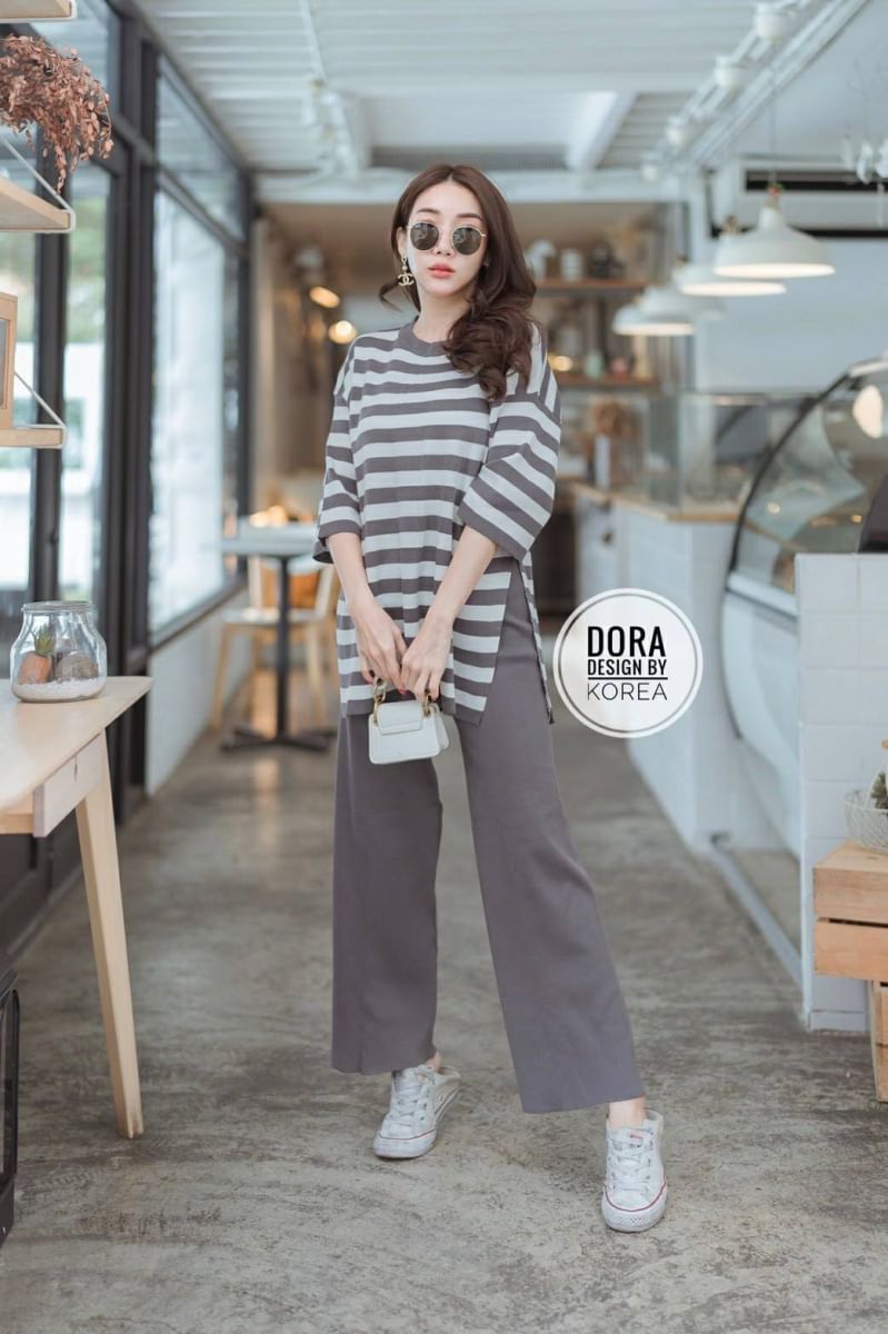 เสื้อผ้าแฟชั่นเกาหลี พร้อมส่ง เสื้อ+กางเกง ผ้าไหมชานริ้ว