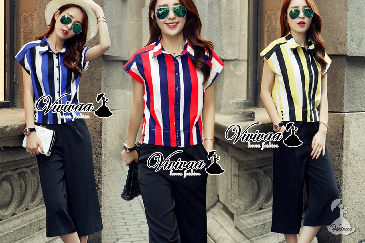 พร้อมส่ง เสื้อทรงเชิ้ตเข้ารูปช่วงเอว พิมพ์ลายริ้วสลับสี