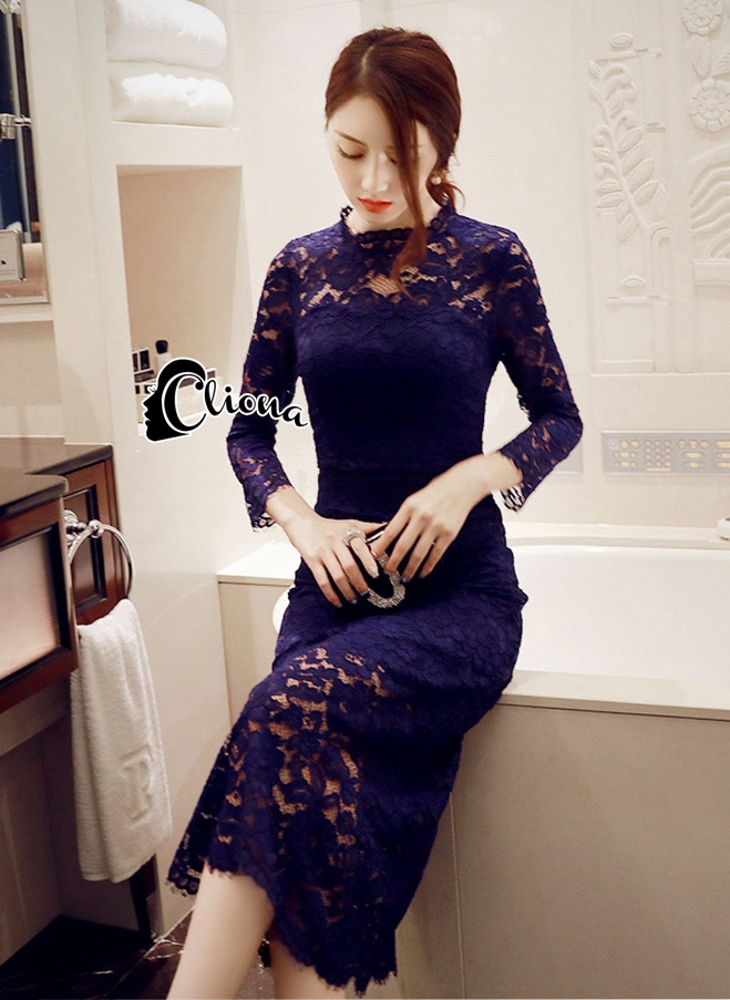 พร้อมส่ง long dress ลูกไม้น้ำเงินเข้ม แขนยาว