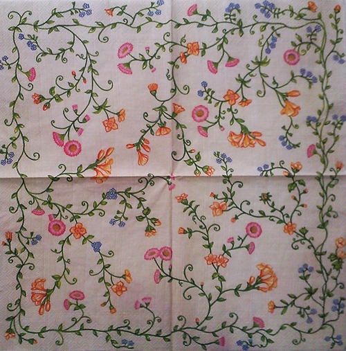 แนวภาพดอกไม้ ลายปัก ดอกไม้เลื้อย ส้มชมพู Embroidery เป็นภาพเต็มแผ่น กระดาษแนพกิ้นสำหรับทำงาน เดคูพาจ Decoupage Paper Napkins ขนาด 33X33cm