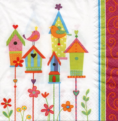 แนวภาพสวน บ้านนก Bird House ดอกไม้ การ์ตูน เป็นภาพบล็อค 4 กระดาษแนพกิ้นสำหรับทำงาน เดคูพาจ Decoupage Paper Napkins ขนาด 33X33cm