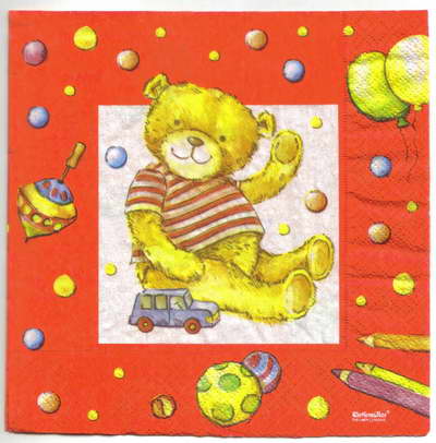 แนวภาพ Teddy Bears หมีเล่นของเล่น Toy Bear เป็นภาพแนวยาว กระดาษแนพกิ้นสำหรับทำงาน เดคูพาจ Decoupage Paper Napkins ขนาด 33X33cm