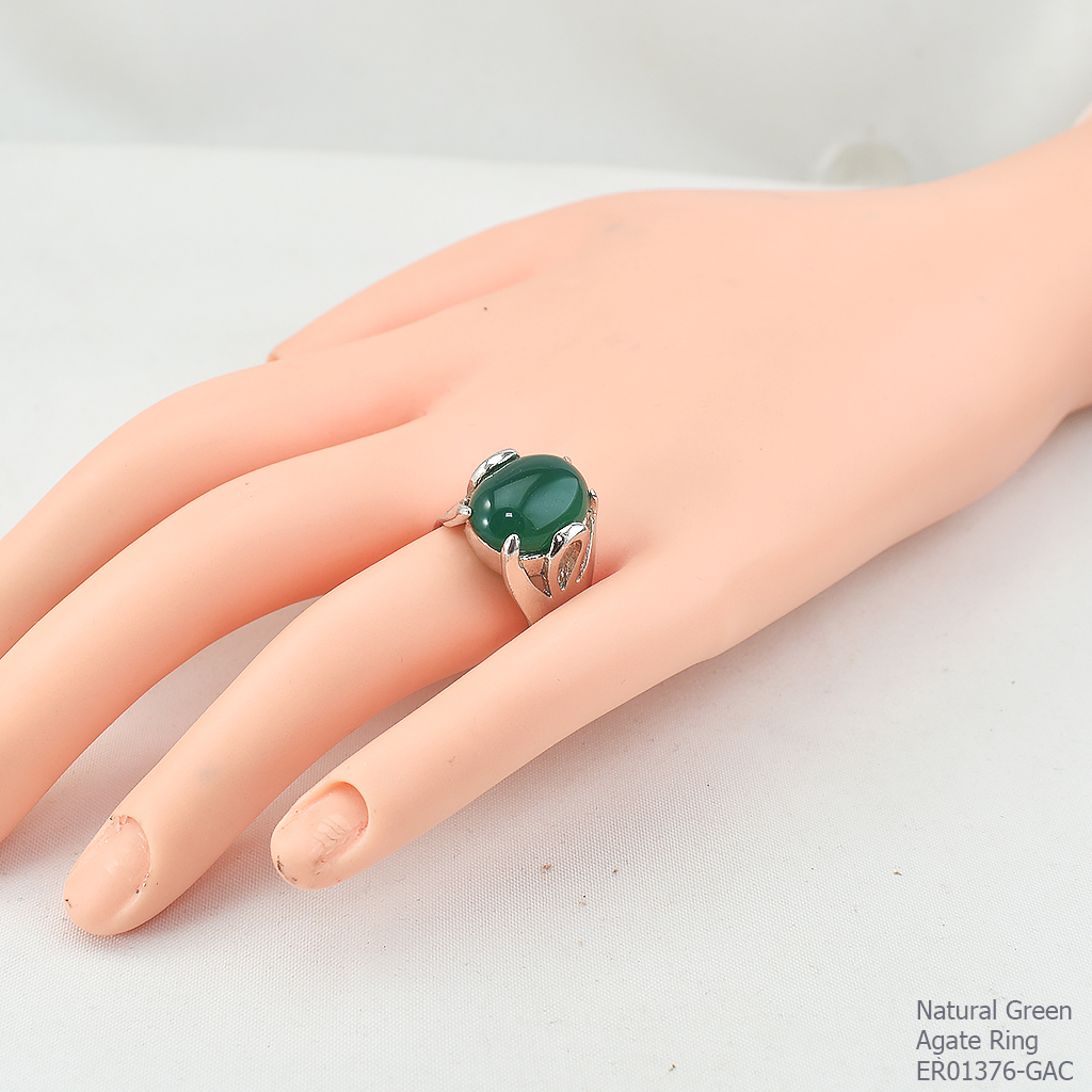 SKJewelryFactory แหวนพลอยหลังเต่าสีเขียว แหวนเงินแท้ฝังพลอยกรีนอะเกทแท้ ER01376-GAC