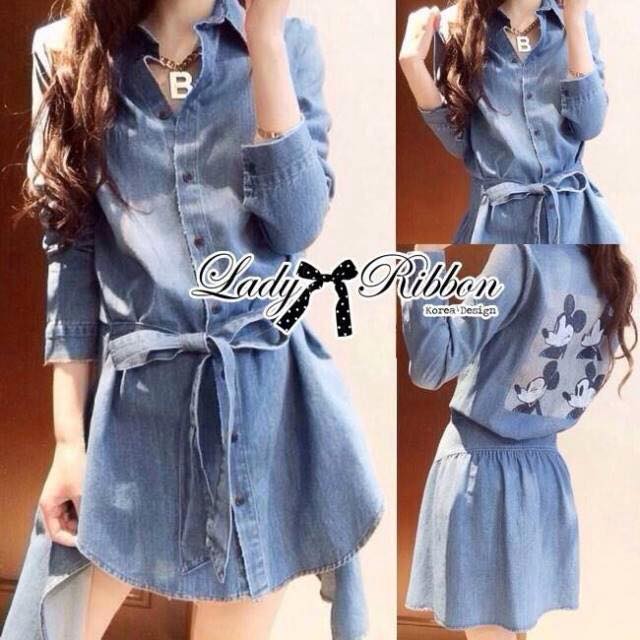 พร้อมส่ง เชิ้ตเดรสผ้าเดนิมพิมพ์ลายมิกกี้เมาส์