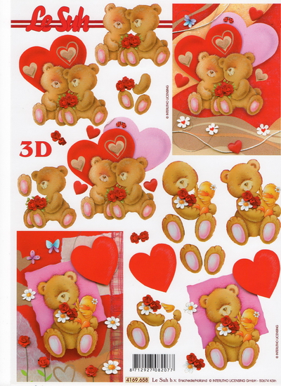 กระดาษ 3D สร้างลายนูน หมีน้อยคู่รัก หมีน้อยกับน้องเป็ด กับหัวใจแดงฉ่ำ 2 ภาพ ขนาด A4