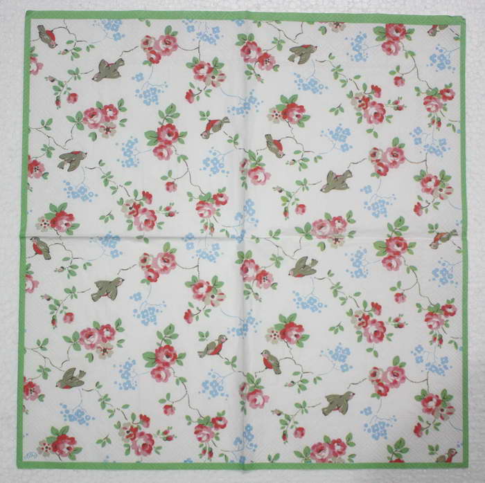 แนวภาพ Cath Kidston ดอกไม้ ช่อดอกกุหลาบจิ๋ว กับนกน้อย เป็นภาพกระจายเต็มแผ่น กระดาษแนพกิ้นสำหรับทำงาน เดคูพาจ Decoupage Paper Napkins ขนาด 33X33cm