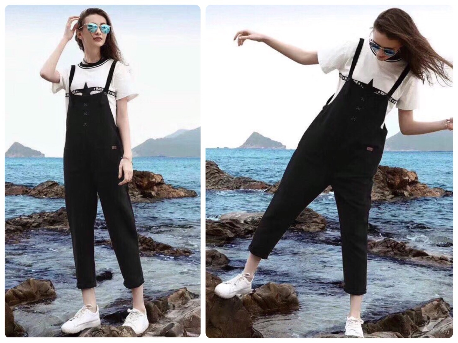 เสื้อผ้าเกาหลี พร้อมส่ง เสื้อสีขาว กับ เอี๊ยมมี 3 สี
