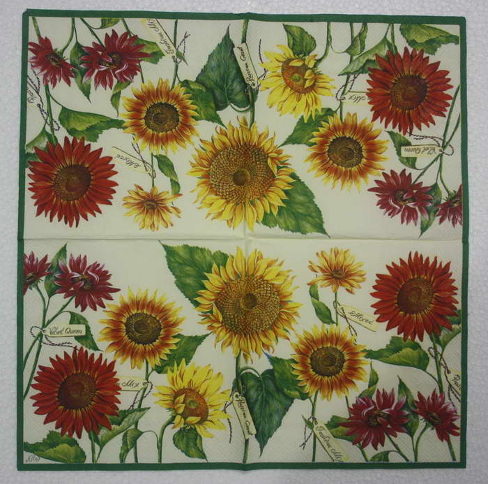 แนวภาพดอกไม้ ดอกทานตะวัน เหลืองแดง Sunflower เป็นภาพครึ่งแผ่น กระดาษแนพกิ้นสำหรับทำงาน เดคูพาจ Decoupage Paper Napkins ขนาด 33X33cm