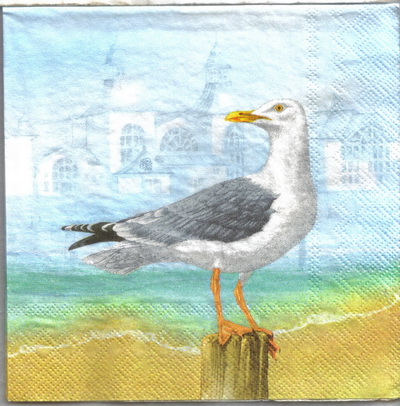 แนวภาพทะเล นกนางนวลเกาะขอนไม้ ริมชายหาด Seagull เป็นภาพครึ่งแผ่น กระดาษแนพกิ้นสำหรับทำงาน เดคูพาจ Decoupage Paper Napkins ขนาด 33X33cm