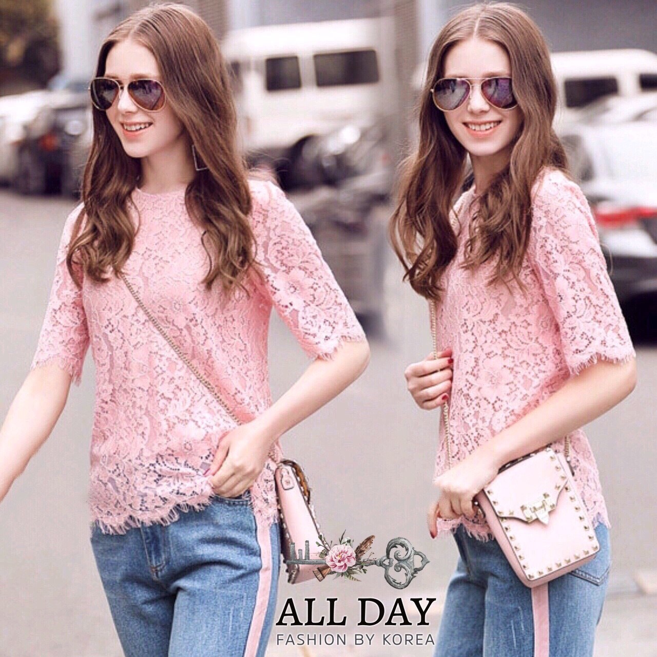 เสื้อลูกไม้ พร้อมส่ง เสื้อ แขนสามส่วน คอกลม