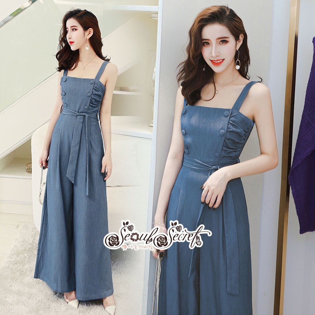 เสื้อผ้าเกาหลี พร้อมส่ง จั๊มสูท ผ้าคอตตอลสีเรียบ