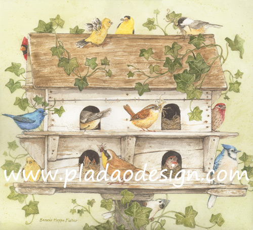 กระดาษสาพิมพ์ลาย สำหรับทำงาน เดคูพาจ Decoupage แนวภาำพ ภาพวาด บ้านนกทำงจากไม้หลังใหญ่ คอนโดนก มีนกเกาะอยู่ 13 ตัว น่ารัก (ปลาดาวดีไซน์)