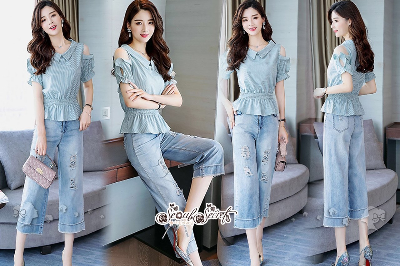 เสื้อผ้าเกาหลี พร้อมส่ง เสื้อพิมพ์ลายริ้วยาว