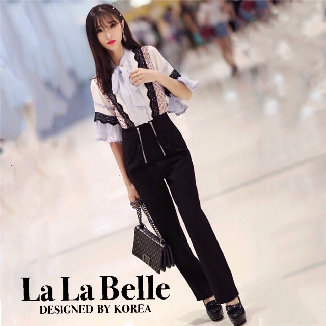 เสื้อผ้าเกาหลี พร้อมส่ง จั้มสูทกางเกงคอตั้งผูกโบว์