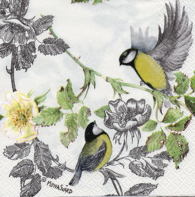 แนวภาพวินเทจ นกคู่ กับดอกไม้ Vintage Bird เป็นภาพแนวยาว กระดาษแนพกิ้นสำหรับทำงาน เดคูพาจ Decoupage Paper Napkins ขนาด 33X33cm