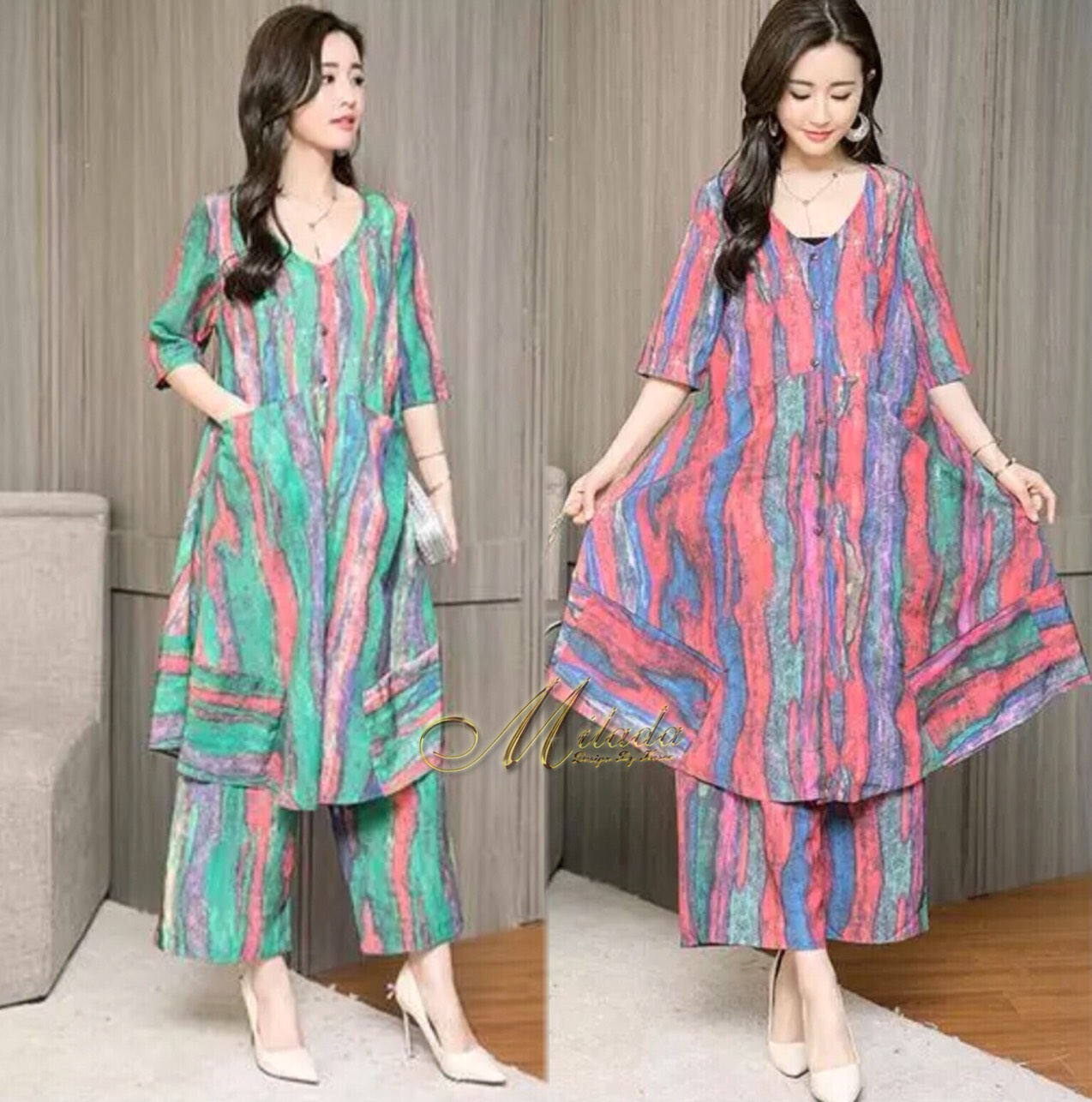 เสื้อผ้าเกาหลี พร้อมส่ง ชุด set 2 ชิ้น เนื้อผ้า Chiffon
