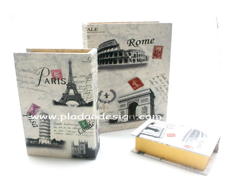 กล่องเก็บของทรงหนังสือแนววินเทจ 3 ใบชุด ลายโปสการ์ดการเดินทาง Paris Rome London Pisa