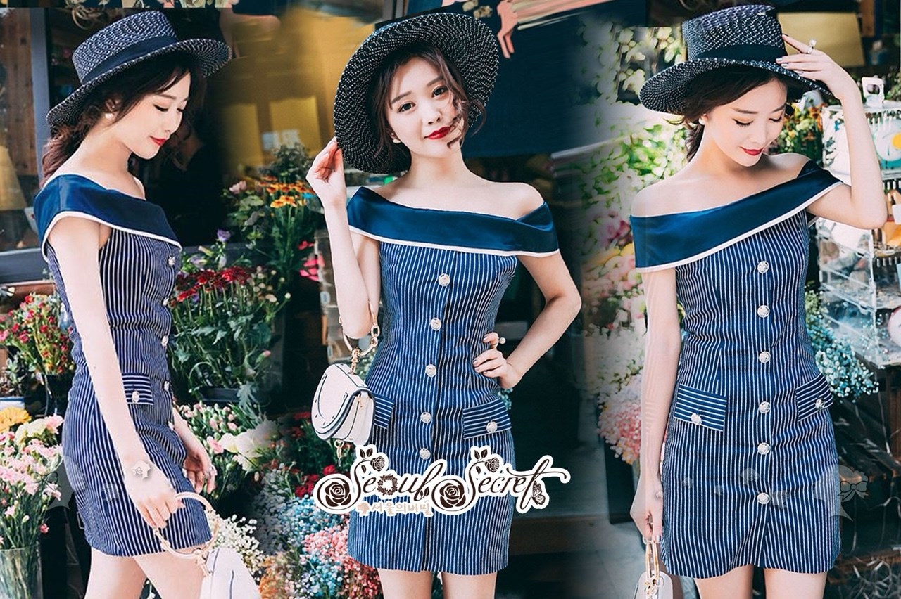 เดรสเกาหลี พร้อมส่ง เดรสสั้น Cotton 100% ทอลายริ้ว