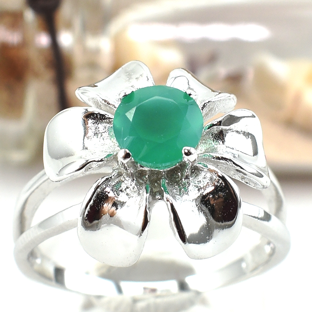 SKJewelryFactory แหวนดอกไม้ พลอยกรีนอะเกทแท้ ตัวเรือนเงินแท้ ER02394-GAG