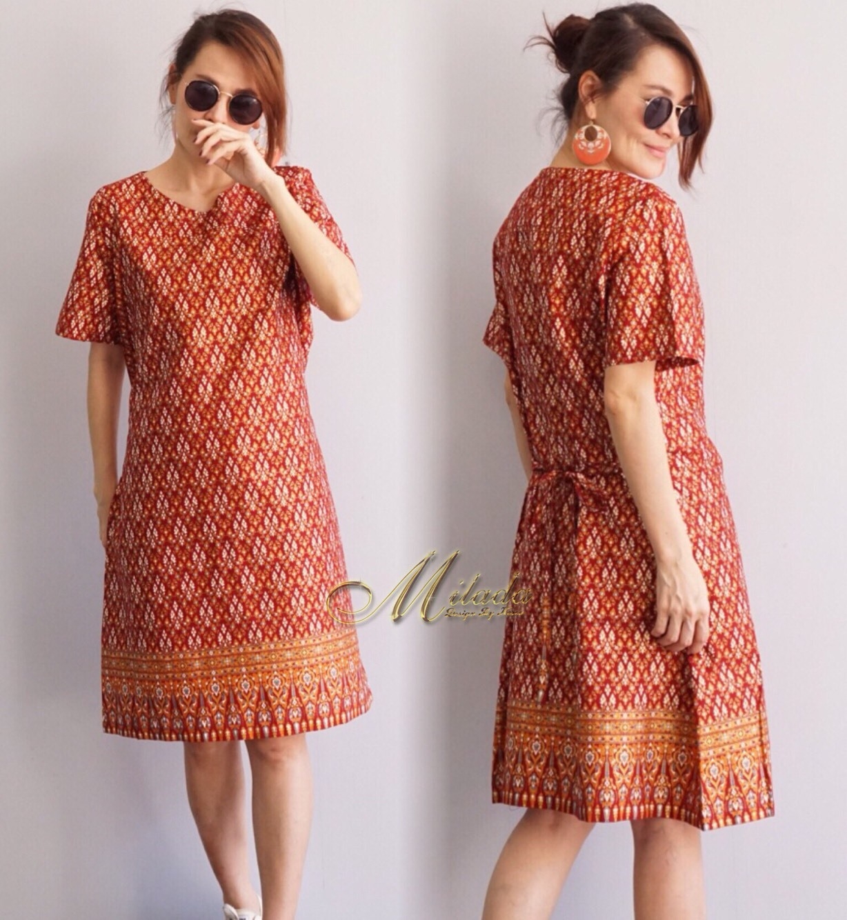 เดรสเกาหลี พร้อมส่ง Dress คอกลม แขนสั้น