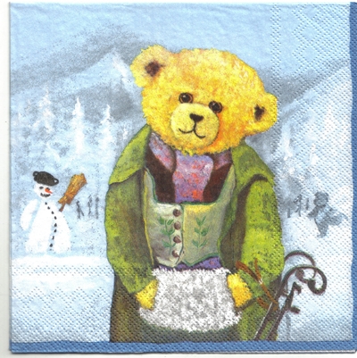 แนวภาพ Teddy Bear หมีสาวกับ Snowman เป็นภาพครึ่งแผ่น กระดาษแนพกิ้นสำหรับทำงาน เดคูพาจ Decoupage Paper Napkins ขนาด 33X33cm